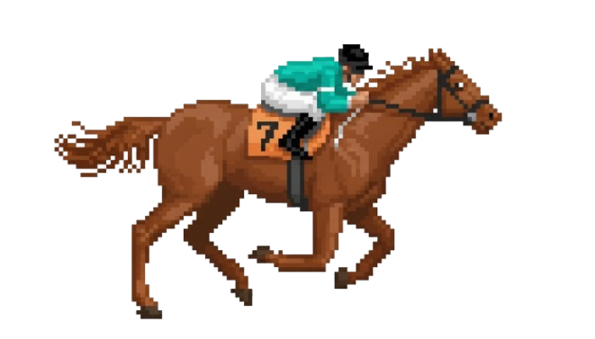 Pixel-art racehorse with green and white jockey silks