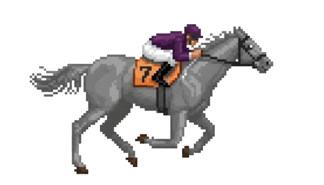 Pixel-art racehorse with purple and white jockey silks
