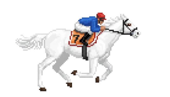 Pixel-art racehorse with blue and red jockey silks